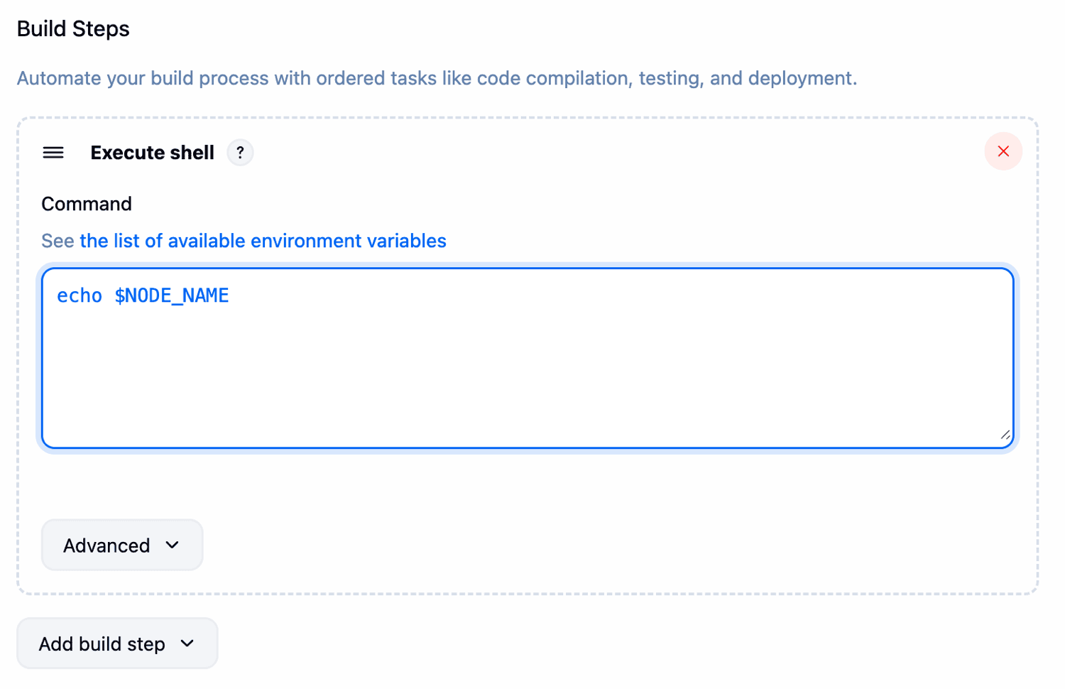 Entering the command for the build step.