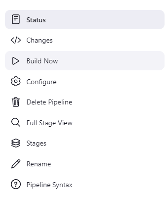 Jenkins Classic UI sidebar for 'example-pipeline', showing options: Status, Changes, Build Now, Configure, Delete Pipeline, Full Stage View, Stages, Rename and Pipeline Syntax.