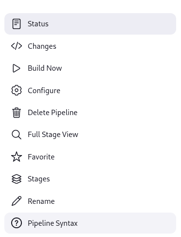Jenkins Classic UI sidebar for 'example-pipeline', showing options: Status, Changes, Build Now, Configure, Delete Pipeline, Full Stage View, Stages, Rename and Pipeline Syntax.
