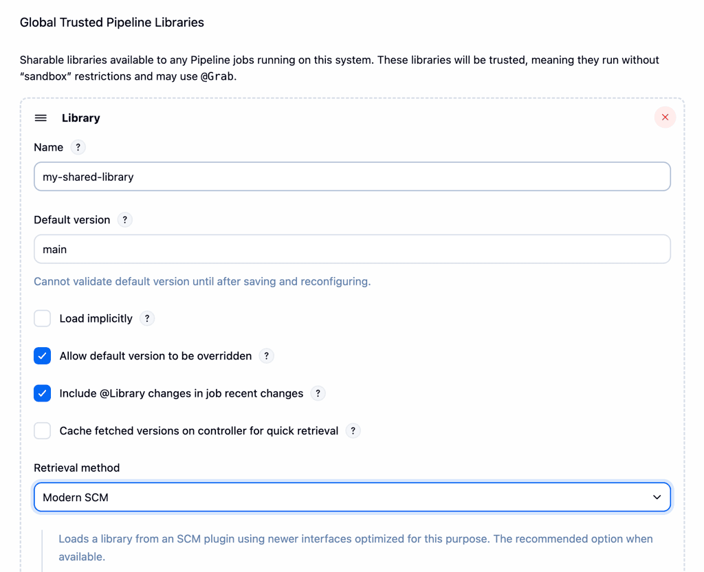 Jenkins System Configuration page accessed by navigating from Dashboard to Manage Jenkins then to System, displaying options to configure a Global Trusted Pipeline Library. It includes fields for the library name, default version, checkboxes for 'Allow the default version to be overridden' and 'Include @Library changes in job recent changes' are checked, and a dropdown to select the retrieval method (Modern SCM or Legacy SCM) is shown.