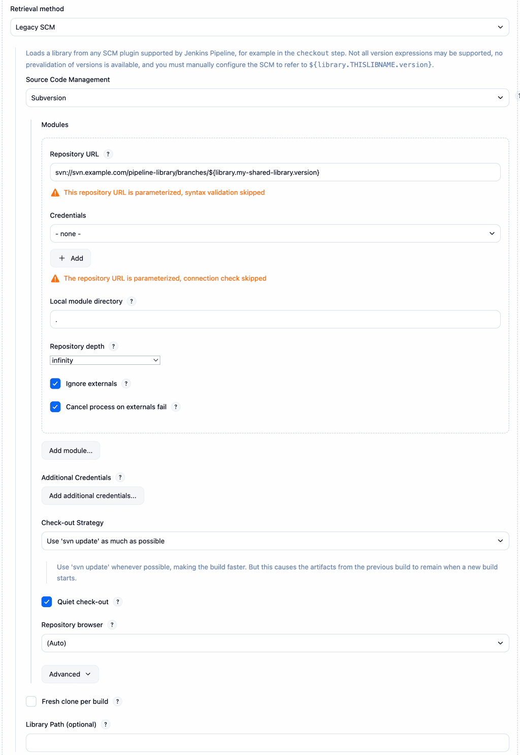 Jenkins System Configuration page accessed by navigating from the Dashboard to Manage Jenkins, then to System, showing settings for adding a Global Trusted Pipeline Library. It includes options as follows: the library name is set to 'my-shared-library', the default version to 'Stable', and checkboxes for 'Allow default version to be overridden','Include @Library changes in job recent changes' and 'Cache fetched versions on the controller for quick retrieval' are checked. The 'Cache refresh time in minutes' is set to 37. The retrieval method is set to Legacy SCM, with the source code management field set to 'Subversion'. The repository URL is parameterized as svn://svn.example.com/pipeline-library/branches/${library.my-shared-library.version}. No credentials are selected. Additional options include the local module directory set to . (current directory), repository depth set to 'infinity' and options to 'Ignore externals' and 'Cancel process on externals fail' are enabled.