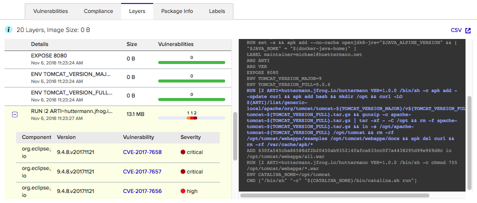 Twistlock recursively inspects embedded binaries auch as the WAR with its libraries. Here the wizard is expanded showing all vulnerabilities of this layer. On the right side, we can move over the different sections of our Dockerfile. 04